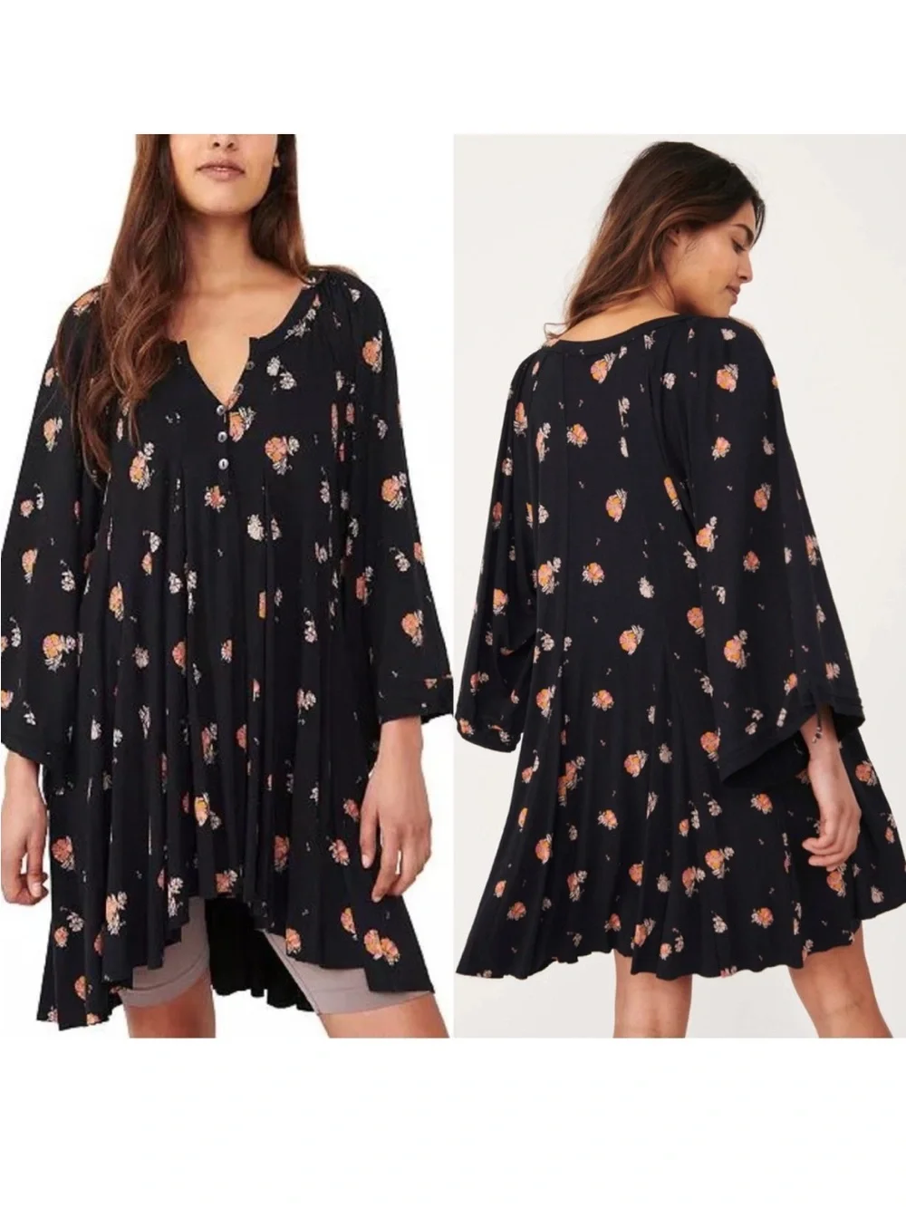 Free People Winter Sun Floral Printed Tunic Dress - Black Combo - Size XS